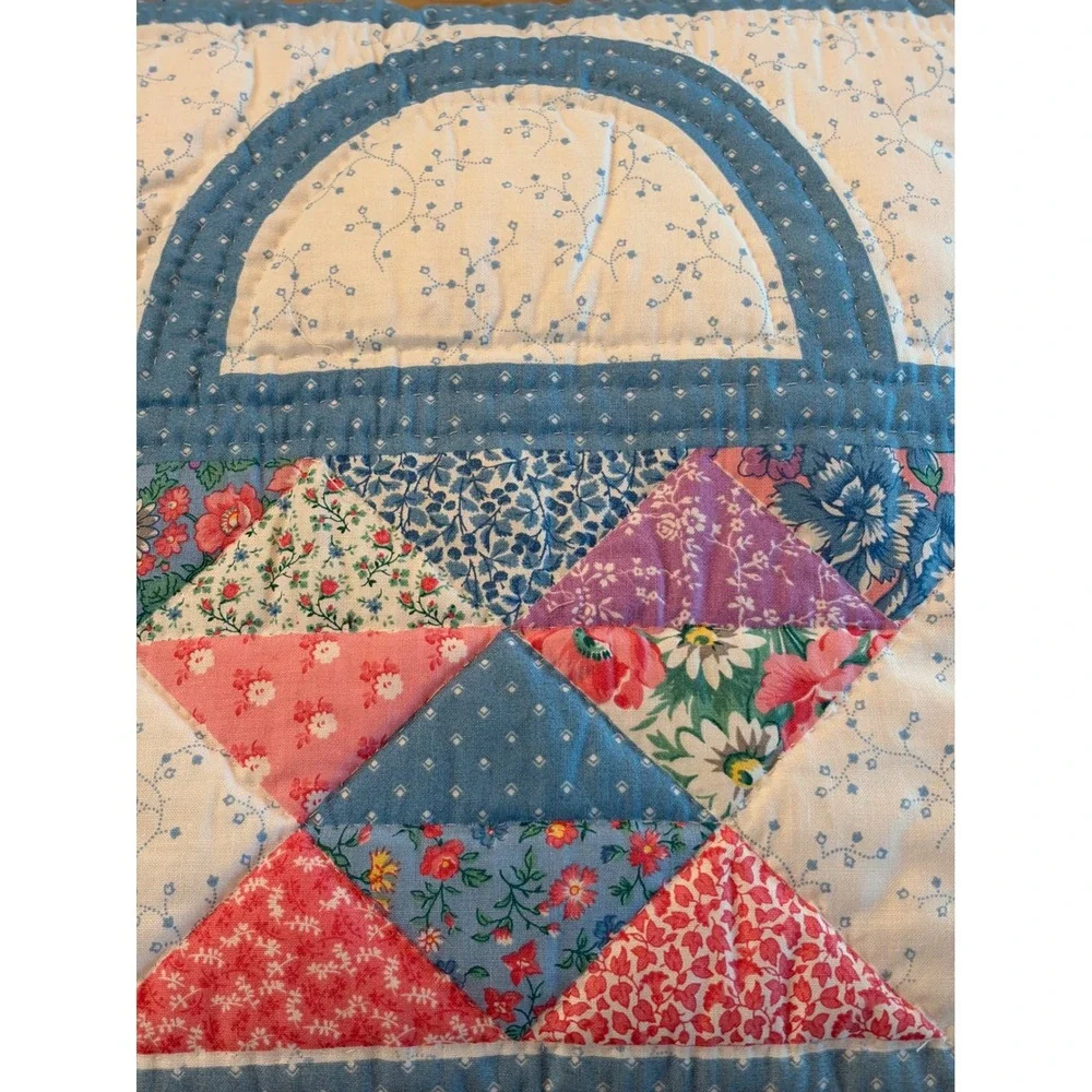 Handmade Quilted Basket Patchwork Throw Pillow Blue Floral Cottagecore
